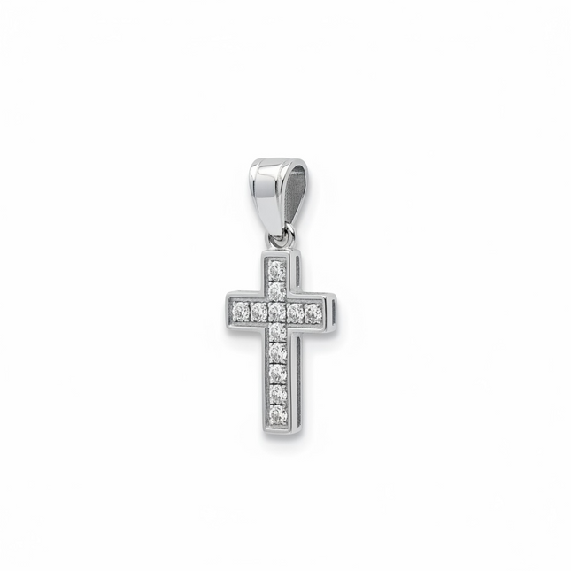Pendente Croce Acciaio Silver Zirconi Bianchi Pavé Solo Ciondolo 3x1.5cm