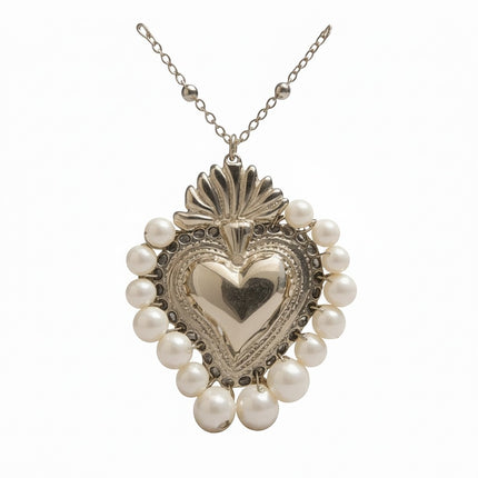 Collana Donna Shelly Sacro Cuore Acciaio Perle Ciondolo Argento Oro 45cm