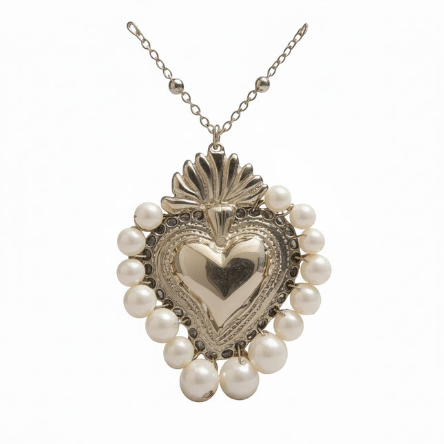 Collana Donna Shelly Sacro Cuore Acciaio Perle Ciondolo Argento Oro 45cm
