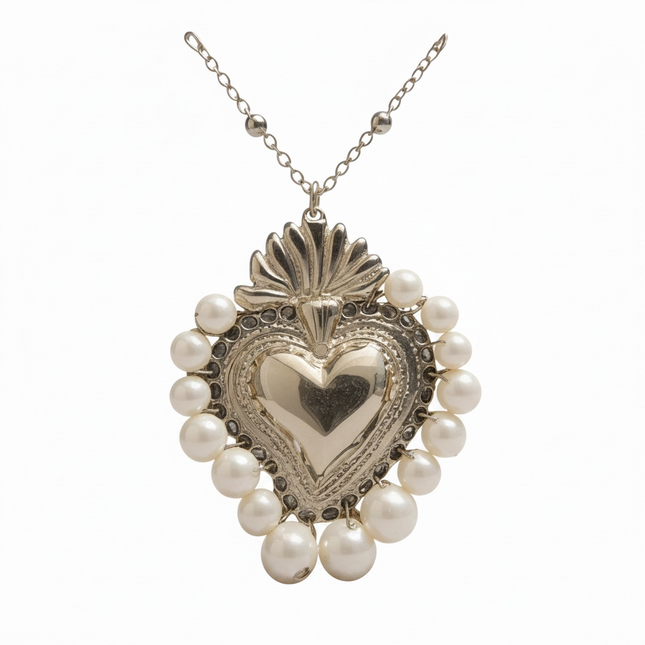 Collana Donna Shelly Sacro Cuore Acciaio Perle Ciondolo Argento Oro 45cm