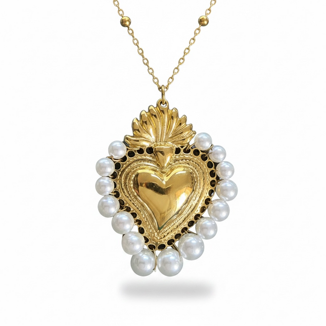 Collana Donna Shelly Sacro Cuore Acciaio Perle Ciondolo Argento Oro 45cm