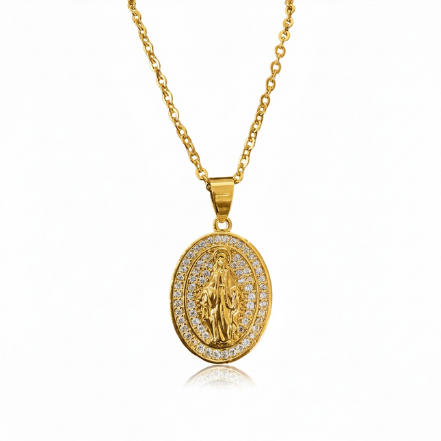 Collana Donna Madonna Miracolosa Acciaio Zirconi Bianchi Ciondolo Ovale Oro 45cm