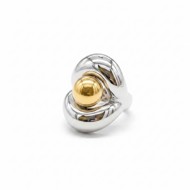 Anello Donna Acciaio Bicolore Sfera Dorata Scultoreo Misura 17