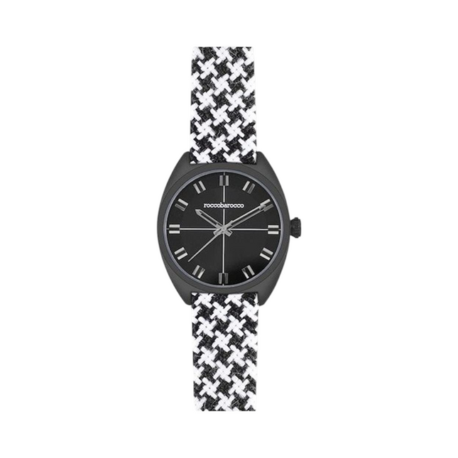 NUOVO RoccoBarocco Orologio Uomo Quarzo Pelle Tessuto Pied de Poule Elegante