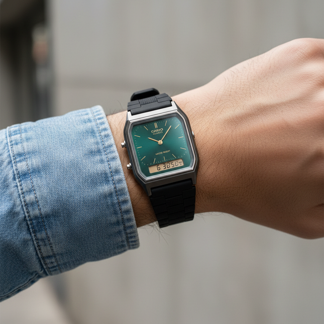 Casio analogico-digitale quadrante verde indossato