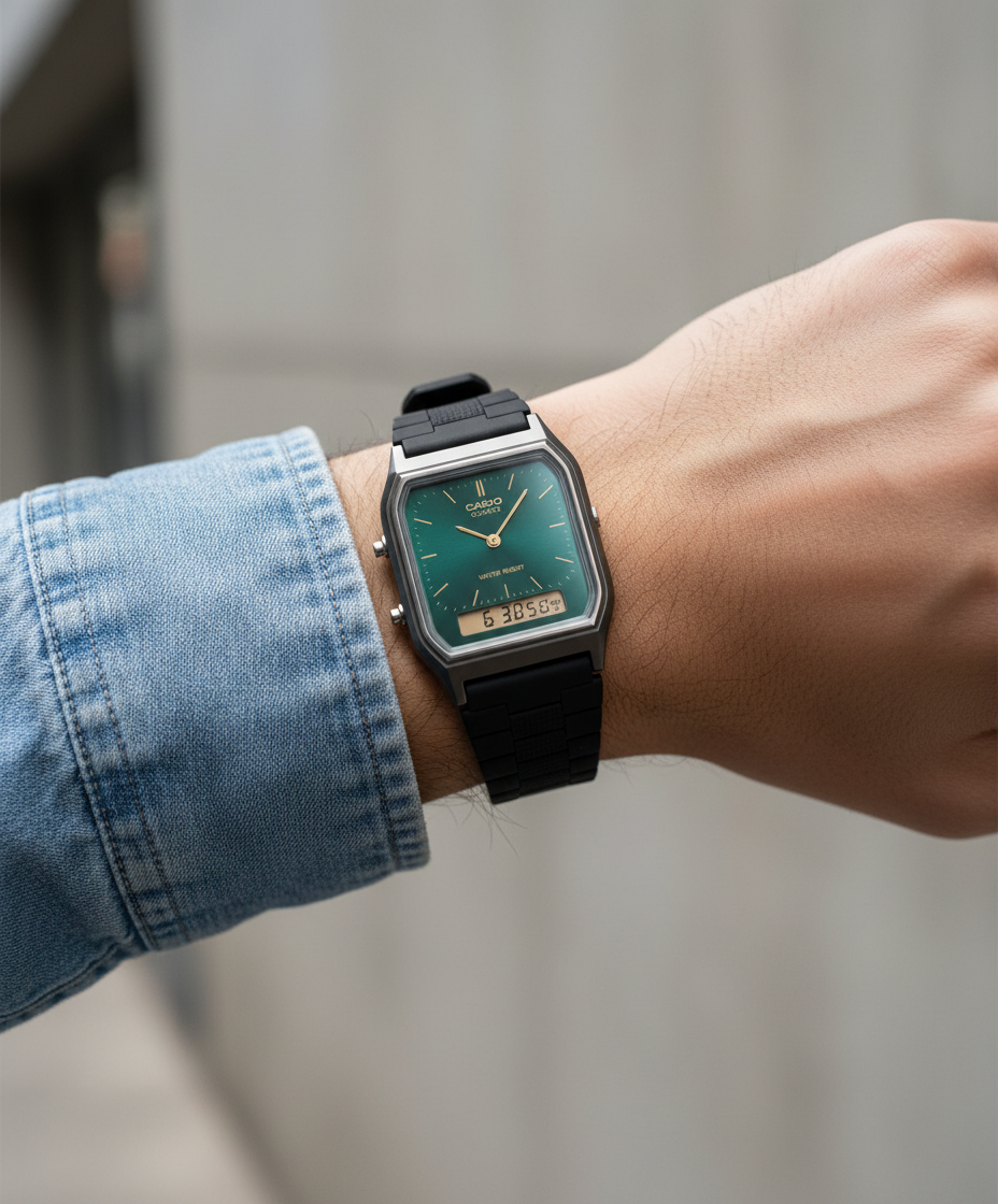 Casio analogico-digitale quadrante verde indossato