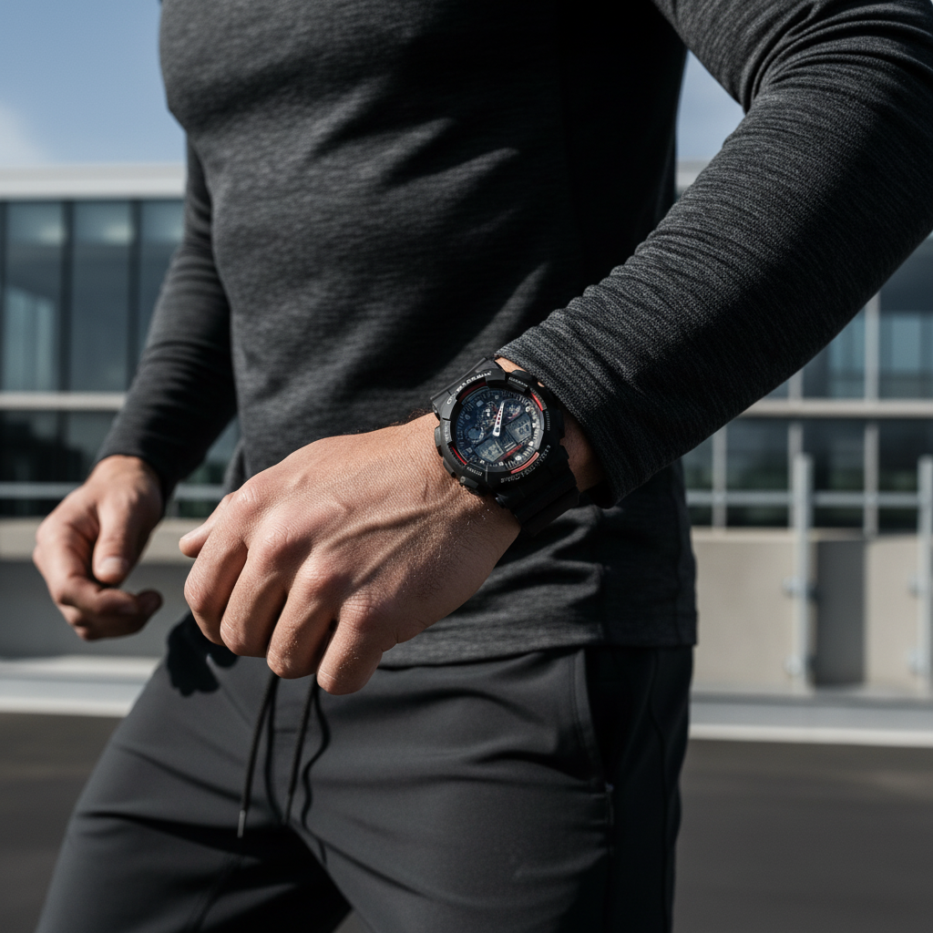 Casio G-Shock nero rosso indossato