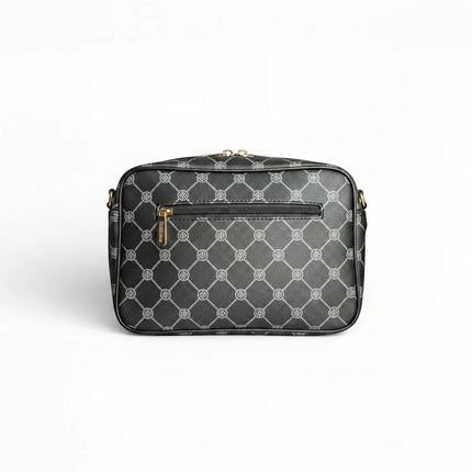 Borsa a tracolla Coveri World nera in ecopelle con monogramma argento e finiture oro, doppie zip e 3 tasche.