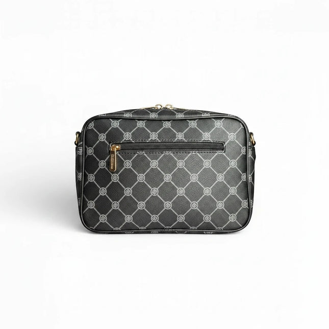 Borsa a tracolla Coveri World nera in ecopelle con monogramma argento e finiture oro, doppie zip e 3 tasche.