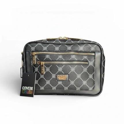 Borsa a tracolla Coveri World nera in ecopelle con monogramma argento e finiture oro, doppie zip frontali e 3 tasche.