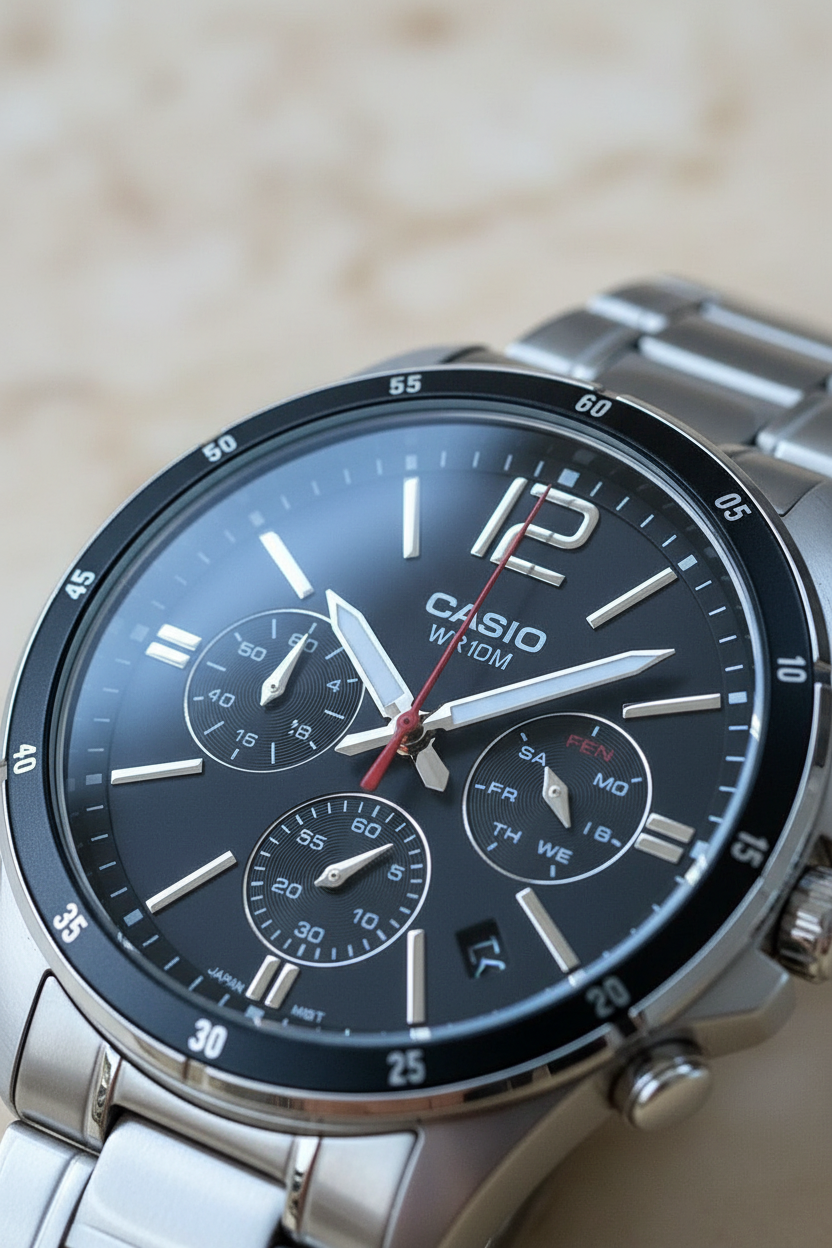 Dettaglio quadrante nero con lancetta rossa