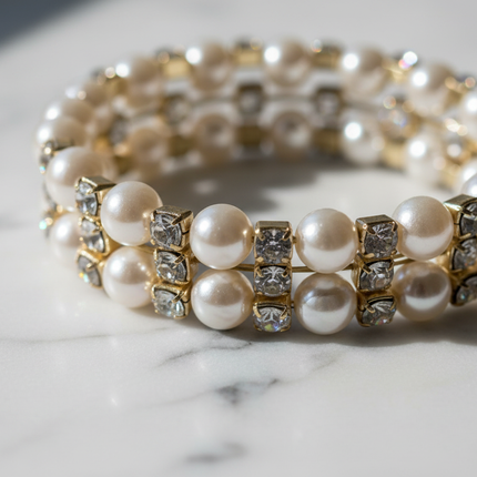 Dettaglio macro perle bianche e cristalli oro bracciale