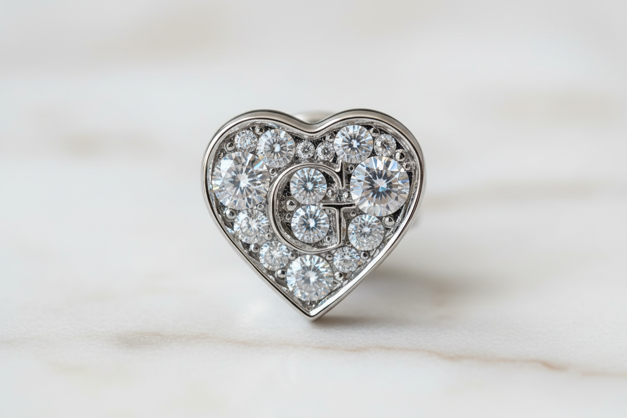 Dettaglio macro pavé diamanti orecchini cuore GUESS