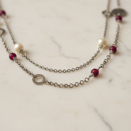 Close-up catena acciaio charm RoccoBarocco perle resina collana 60cm