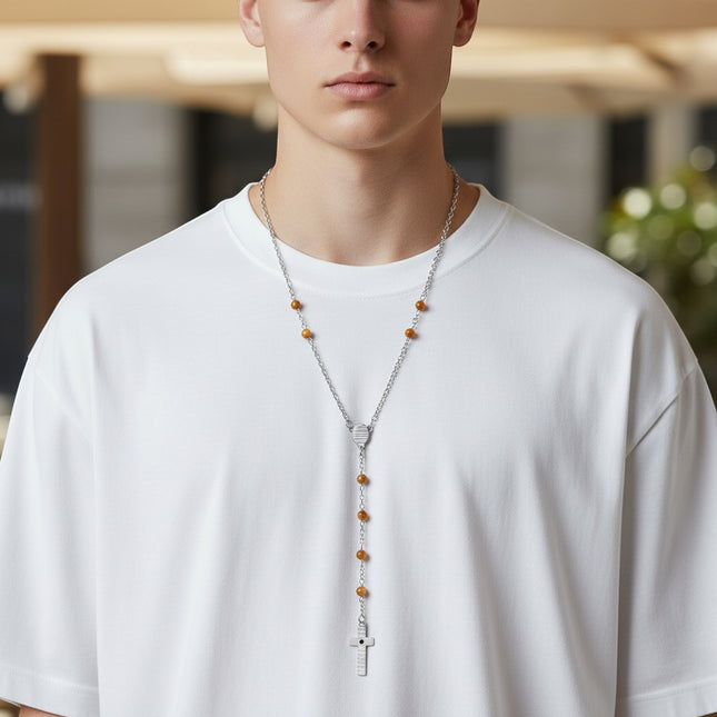 Collana Rosario Unisex 2Jewels Acciaio Grani Occhio di Tigre Croce 251579