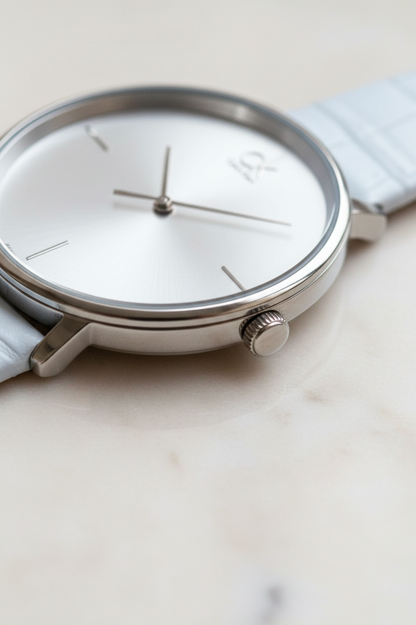 Dettaglio cassa acciaio e logo CK - design minimalista