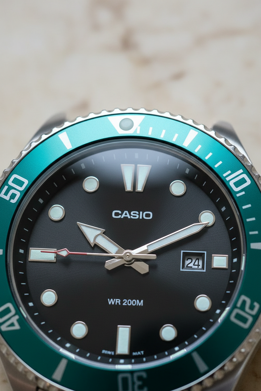 Dettaglio quadrante nero e indici luminosi Casio