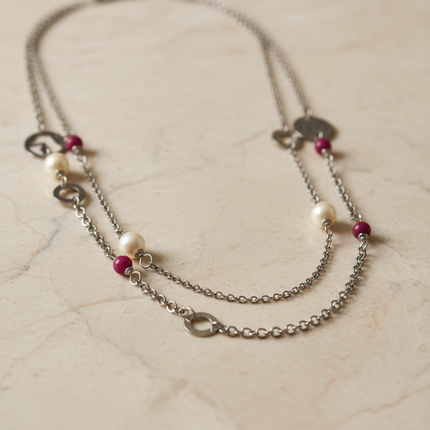 Collana RoccoBarocco acciaio perle resina drappeggio elegante 60cm donna