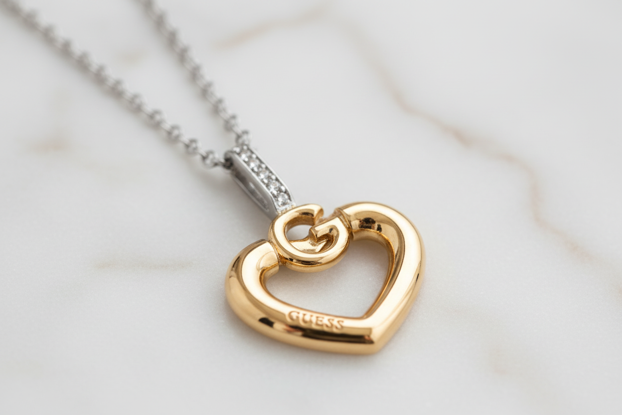 Dettaglio macro ciondolo cuore bicolore con logo Guess e cristalli