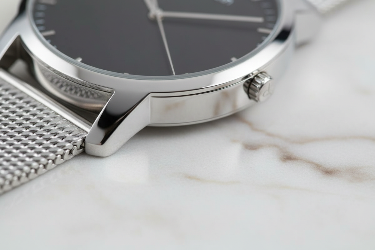 Dettaglio cassa acciaio lucido e corona - Swiss Made