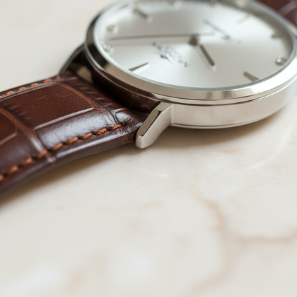 Dettaglio cinturino pelle marrone stampa coccodrillo orologio Mondia