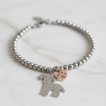 Texture sfere acciaio lucido e ciondoli cane zampa bracciale donna 2JEWELS