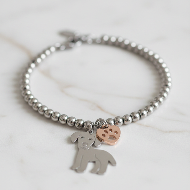 Texture sfere acciaio lucido e ciondoli cane zampa bracciale donna 2JEWELS