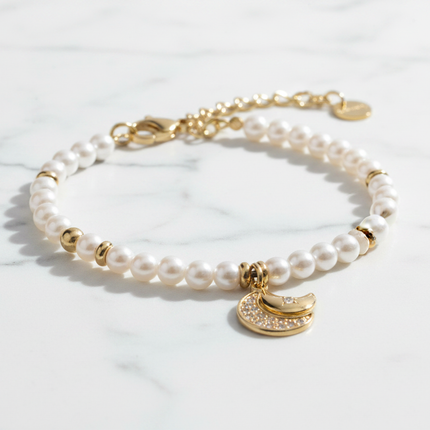 Bracciale 2JEWELS 232341 perle bianche rondelle PVD gold doppio ciondolo mezzaluna cristalli su marmo
