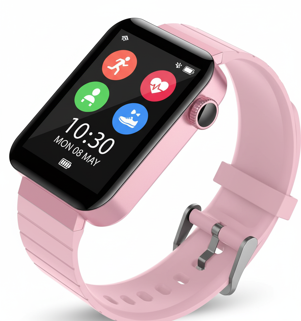 Dettaglio display touchscreen rosa e funzioni fitness