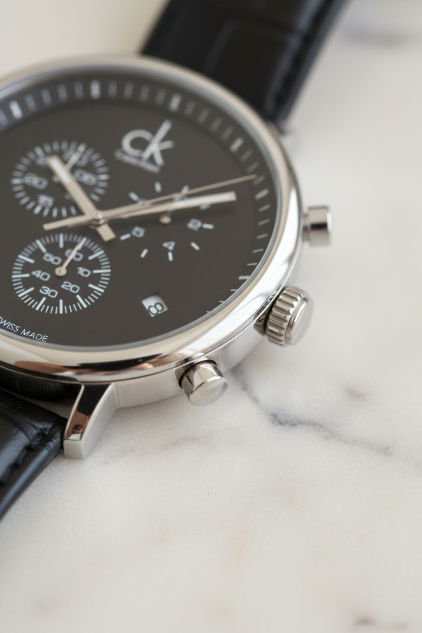 Dettaglio cassa acciaio lucido e pulsanti cronografo - Swiss Made