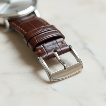 Dettaglio fibbia e hardware cinturino pelle orologio Mondia