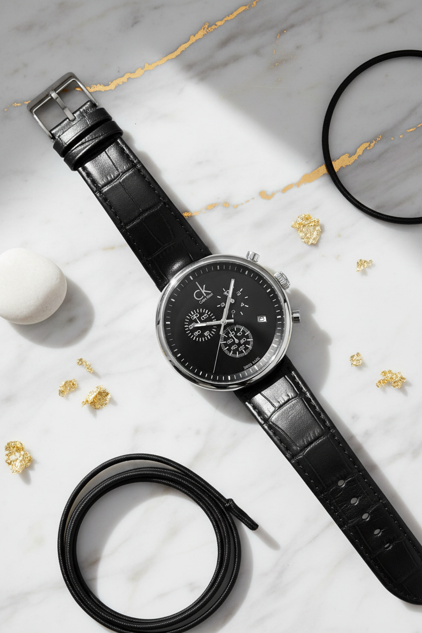 Composizione elegante orologio Calvin Klein cronografo nero