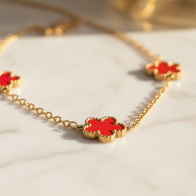 Dettaglio Fiori Smalto Rosso Collana Acciaio Oro Donna