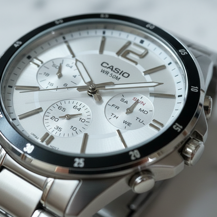 Dettaglio orologio multifunzione bianco