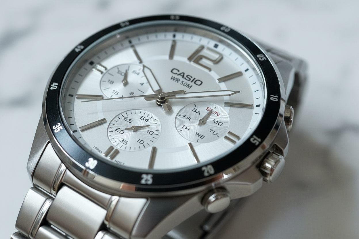 Dettaglio orologio multifunzione bianco