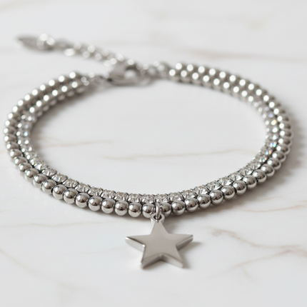 Dettaglio bracciale 2JEWELS doppio filo acciaio - sfere cristalli e stella