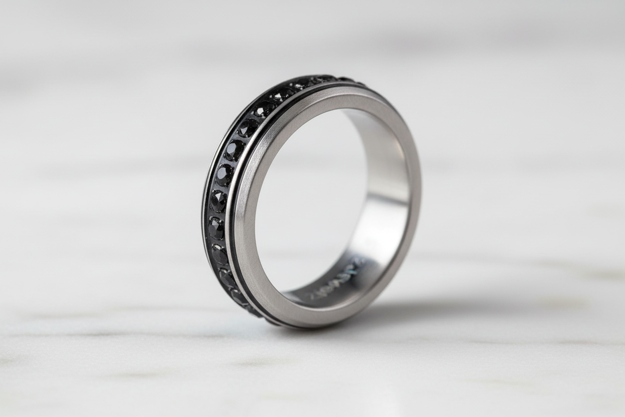 Dettaglio macro fascia rotante cristalli neri acciaio