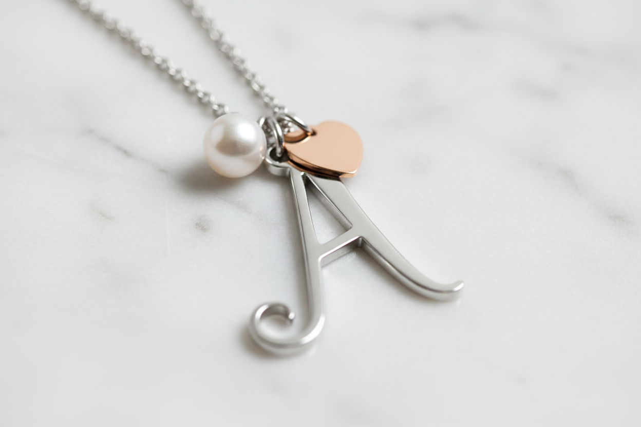 Dettaglio macro lettera iniziale con perla e cuore rosé - artigianalità premium