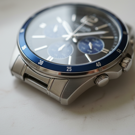 Dettaglio ghiera blu rotante Casio cronografo