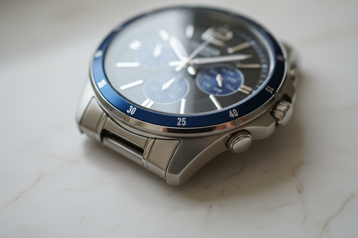 Dettaglio ghiera blu rotante Casio cronografo