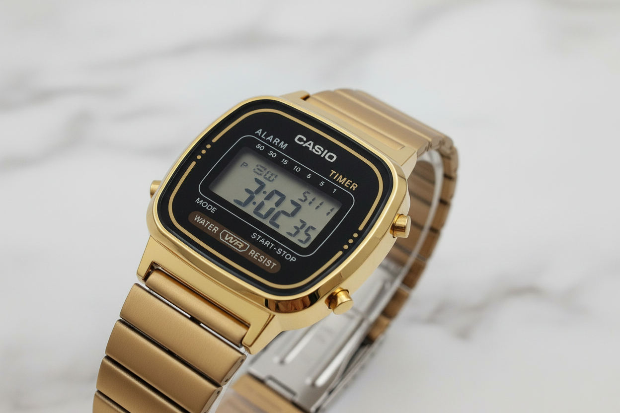 Dettaglio cassa oro quadrata Casio LA670WEGA