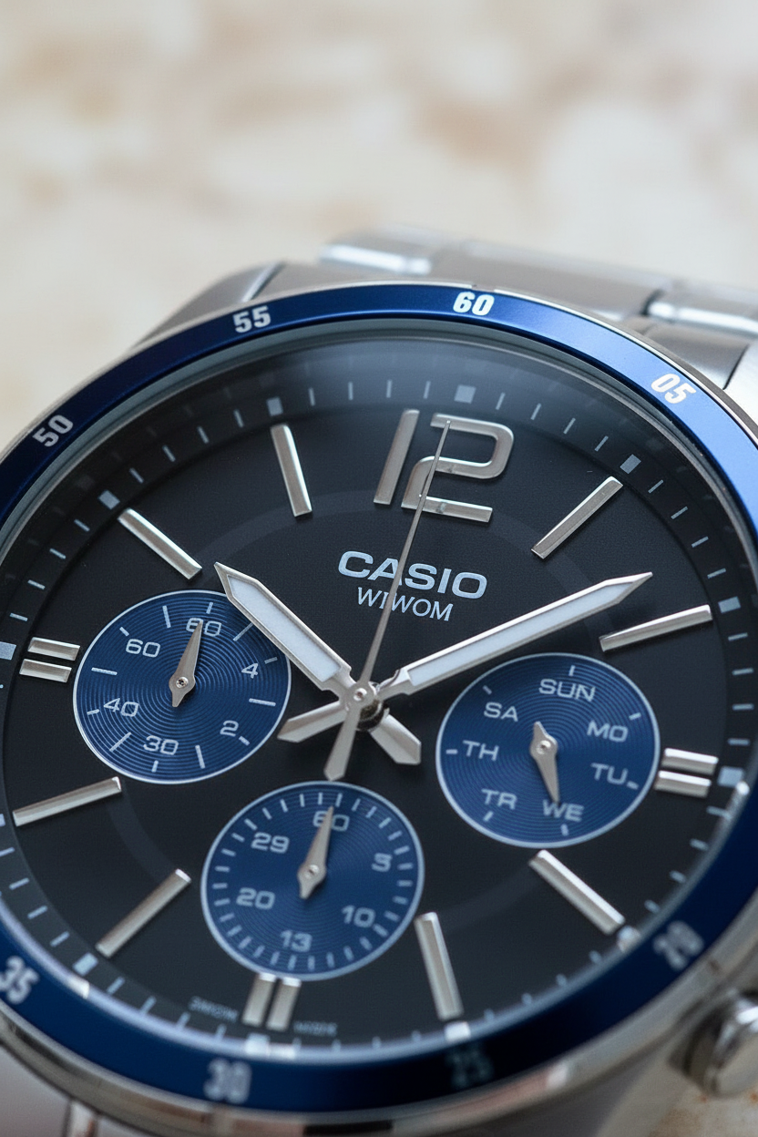 Dettaglio quadrante nero con subdials blu Casio