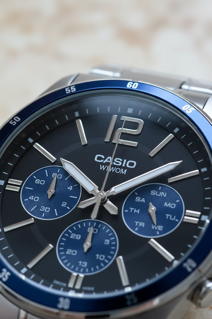 Dettaglio quadrante nero con subdials blu Casio