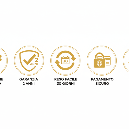 Icone vantaggi: Spedizione Gratuita, Garanzia 2 Anni, Reso Facile, Pagamento Sicuro, Acciaio Premium