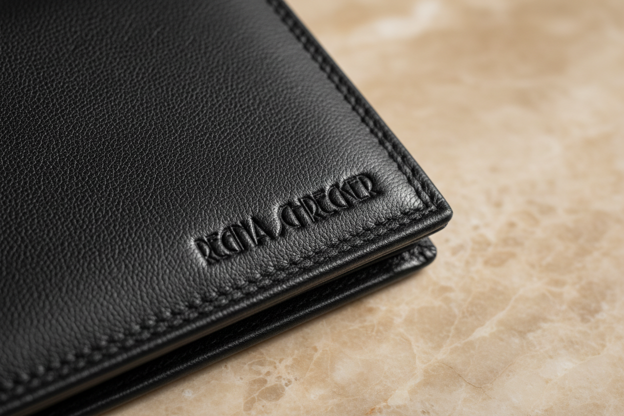 Dettaglio macro texture vera pelle nera portafoglio Regina Schrecker