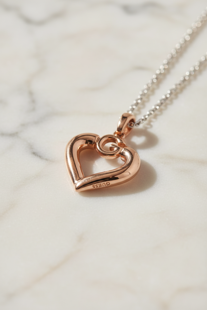 Close-up cuore oro rosa lucido con finiture eleganti