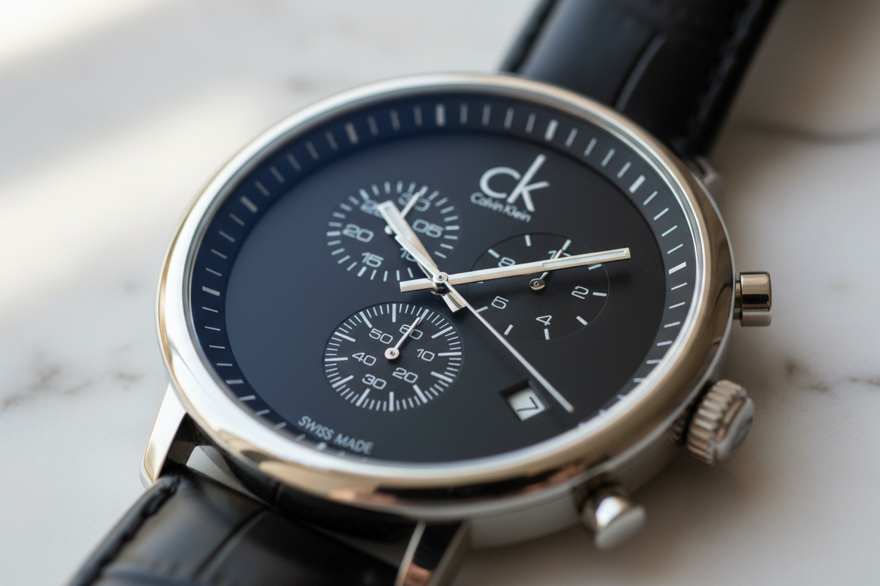 Dettaglio quadrante nero cronografo tre subdials - logo CK