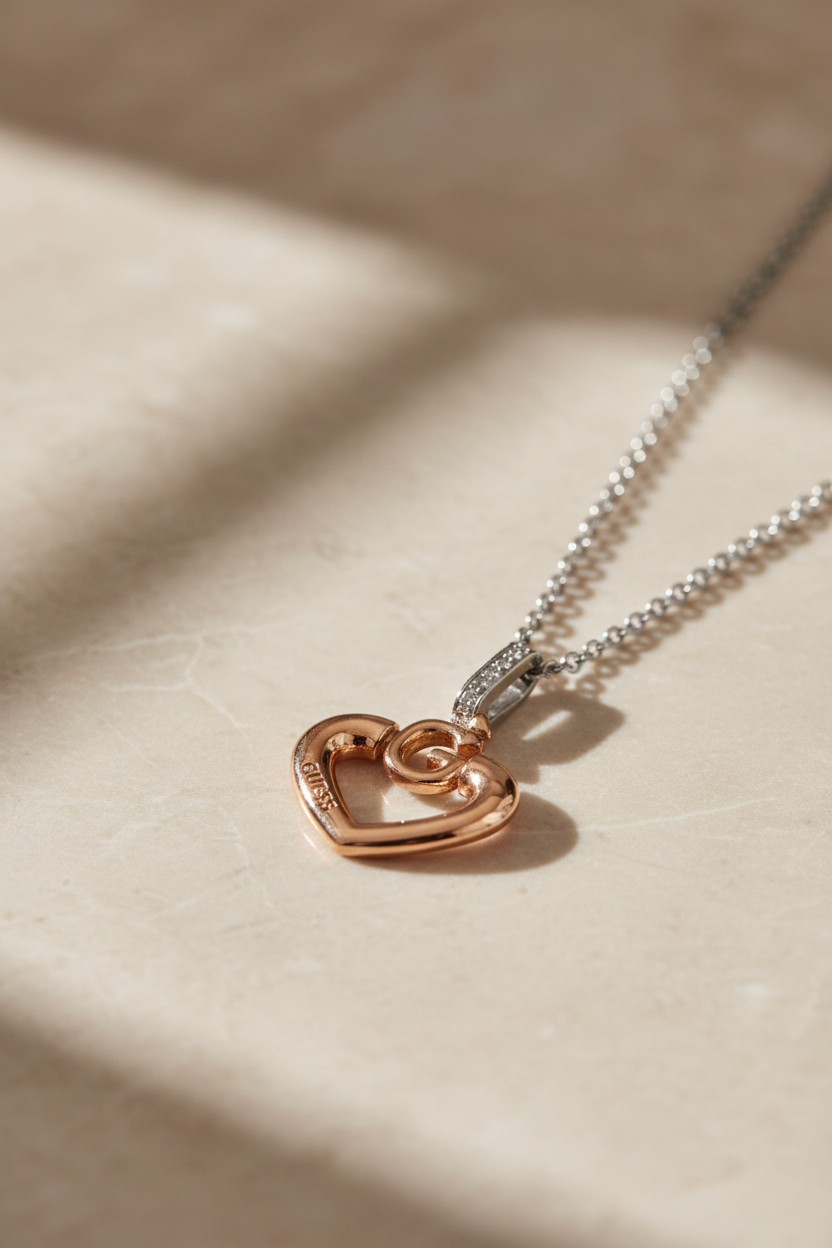 Collana Guess cuore bicolore su marmo, stile romantico moderno