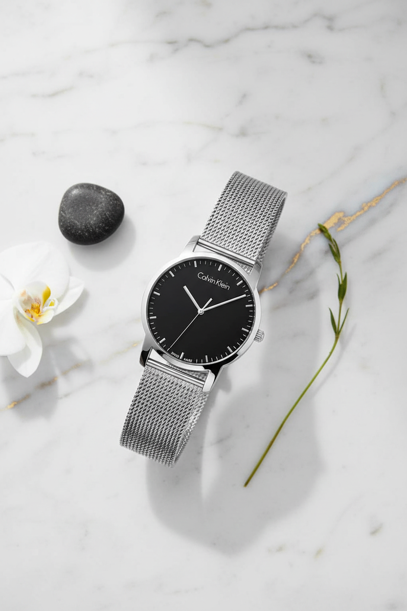 Composizione elegante orologio Calvin Klein maglia Milano nero