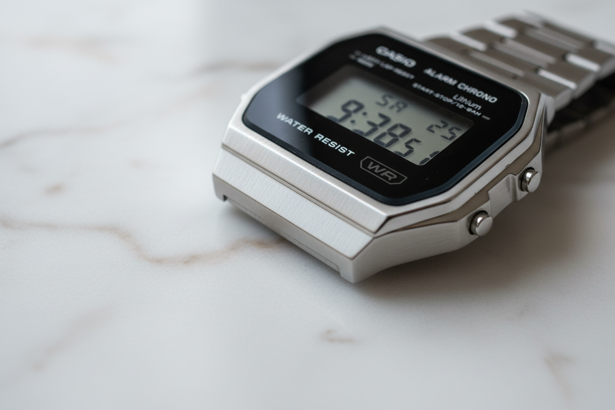 Dettaglio cassa acciaio angolare Casio vintage